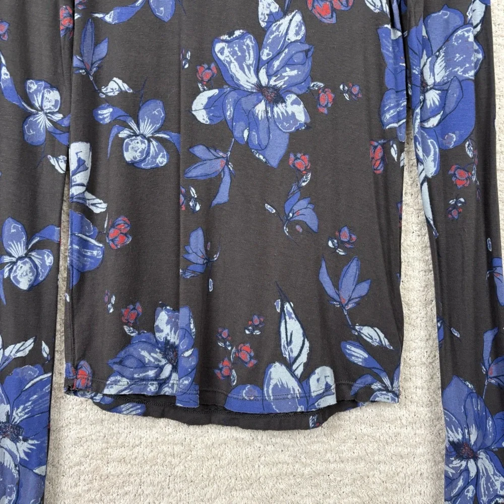 Free People Top‎ Womens Small Chocolate Printed Black Floral Long Sleeve Stretch